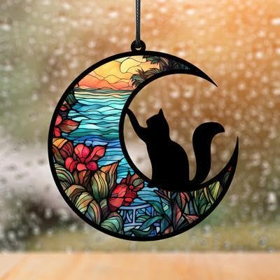 Amazon.co.jp: 猫 飾り 窓パネル 月飾りの猫 三日月 壁掛け 黒猫